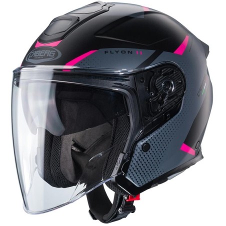 Casco Jet Caberg Flyon II Boss nero opaco, grigio e fucsia fluo