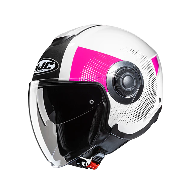 Casco Jet HJC i40N doppia visiera Pyle MC8 nero, bianco e fucsia